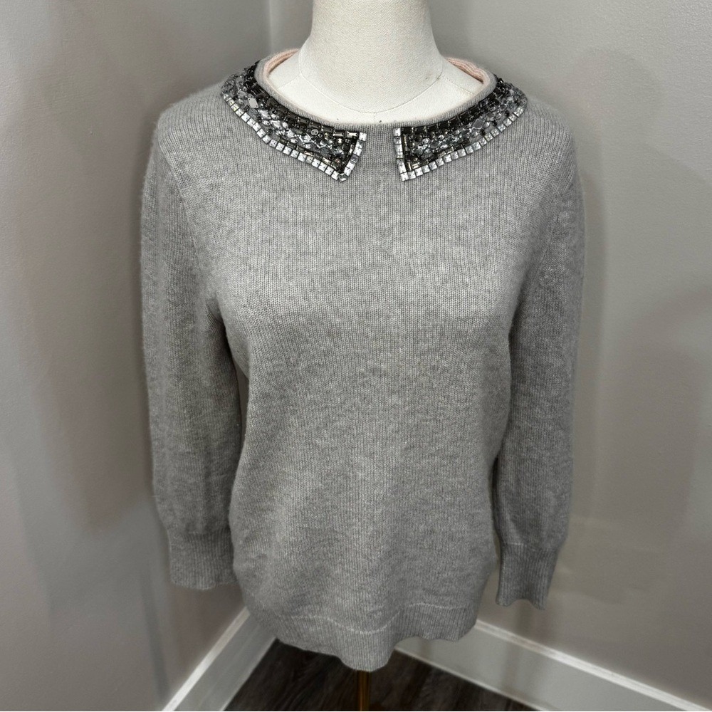 J. Crew Collection Grey Italian Cashmere Sweater Gem Embellished Collar Medium‎ - Picture 2 of 6